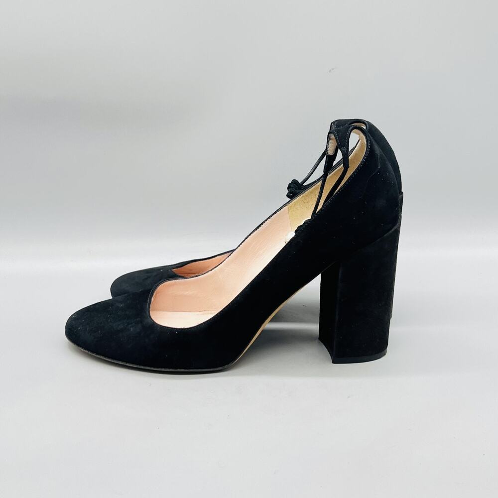 Kate Spade Shoes Womens 8 Black Suede Pearl Tie Strap Block Heel Pumps Italy - Picture 4 of 11